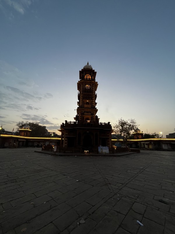 The Clock Tower above Sardar Market at dusk