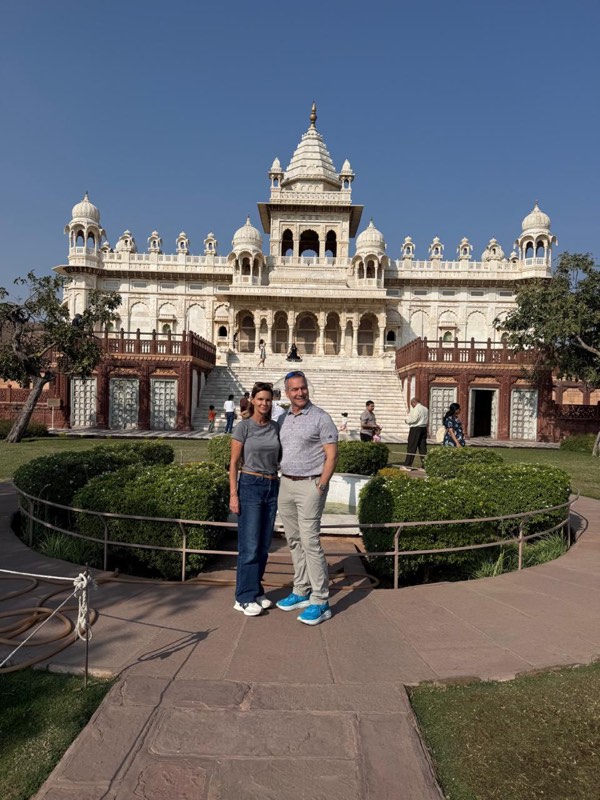 Guests outside the marble cenotaph of Jaswant Thada
